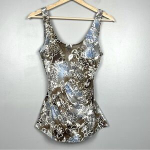 It Figures Tummy Thinner brown & blue tropical floral modest 1 pc swimsuit, 12.
